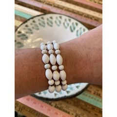 Vintage BEADED Open Cuff Bracelet White MILK Glass Beaded Wire Cuff Stretch