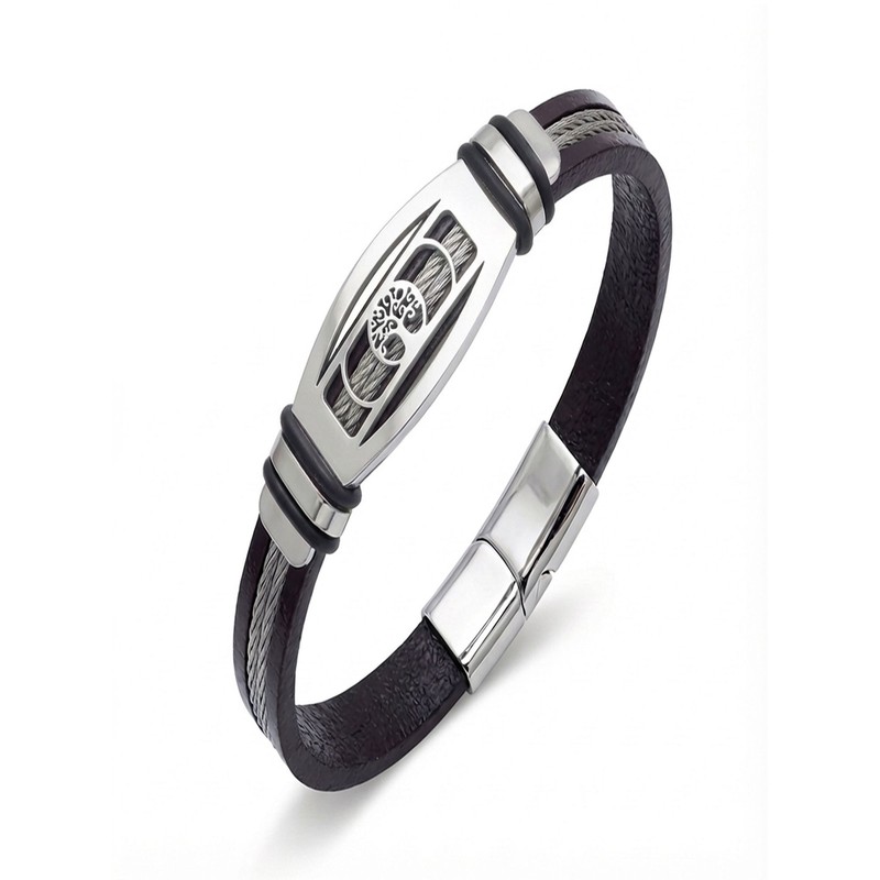 Tree of Life Leather Cord Steel Men's Bracelet gallery