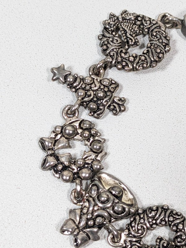 Christmas Tree Wreath Bell Silver Tone Chain Magnetic Clasp Bracelet 7 inch gallery