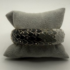 Sequin Enamel Hinged Bangle Bracelet Black Gray White Mermaid Scales Gold Tone