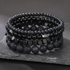 4pcs Black Stone & Wood Bead Elastic Bracelet Set for Men Women NEW