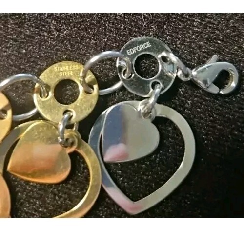 #83- EDFORCE STAINLESS STEEL SILVER ROSE YELLOW GOLD TONE HEARTS 7" BRACELET gallery