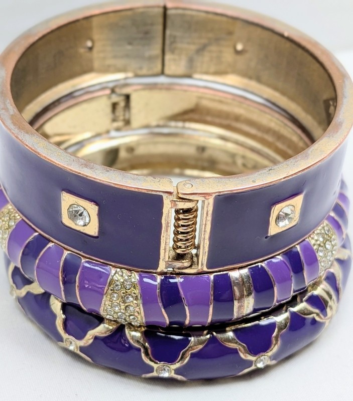 Purple Enamel Hinge Clamper Bangle Set Sequin 3pc Bracelet Rhinestone Bendel Era gallery