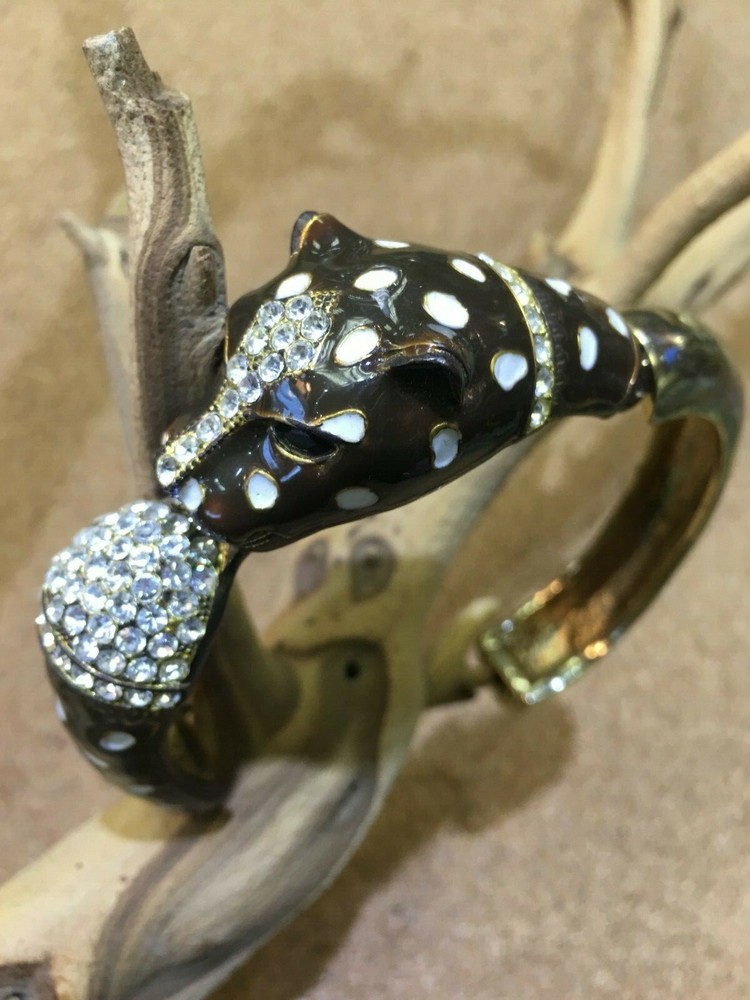 LEOPARD JAGUAR BANGLE CUFF SILVER TONE BRACELET BLACK ENAMEL SPARKLE RHINESTONE