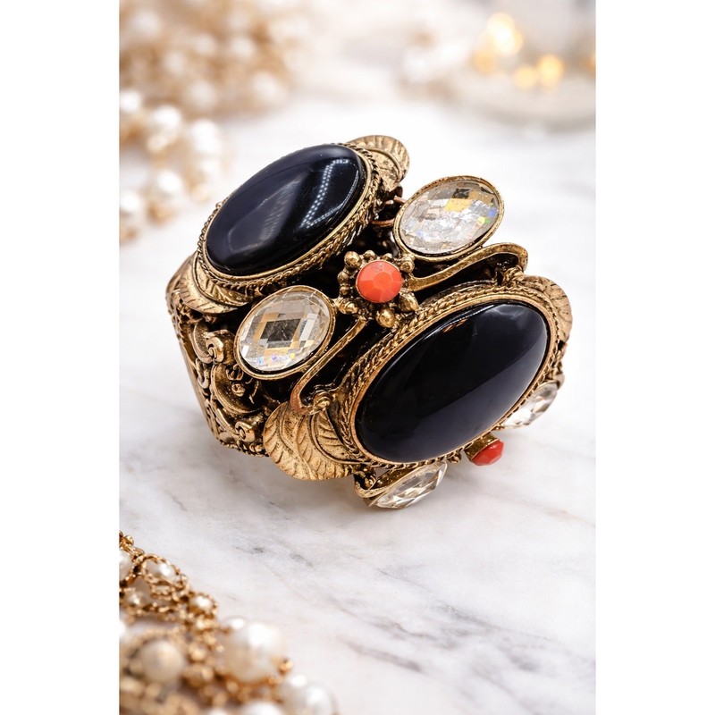 Vintage Eva Mendes Style Navy Blue Cabochon Statement Bracelet Gold Tone J-01 gallery