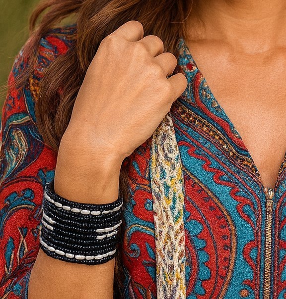 2pc Set 15-Strand Black Beaded Bracelets Bohemian Fashion Boho Tribal Wide Cuffs gallery
