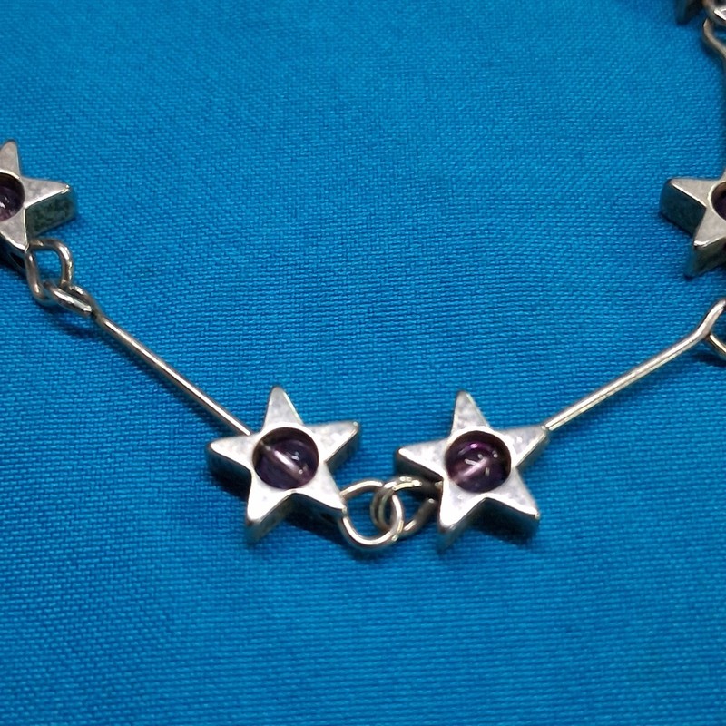 Vintage Silver Plated Purple Bead Star Charm Bar Link Bracelet gallery