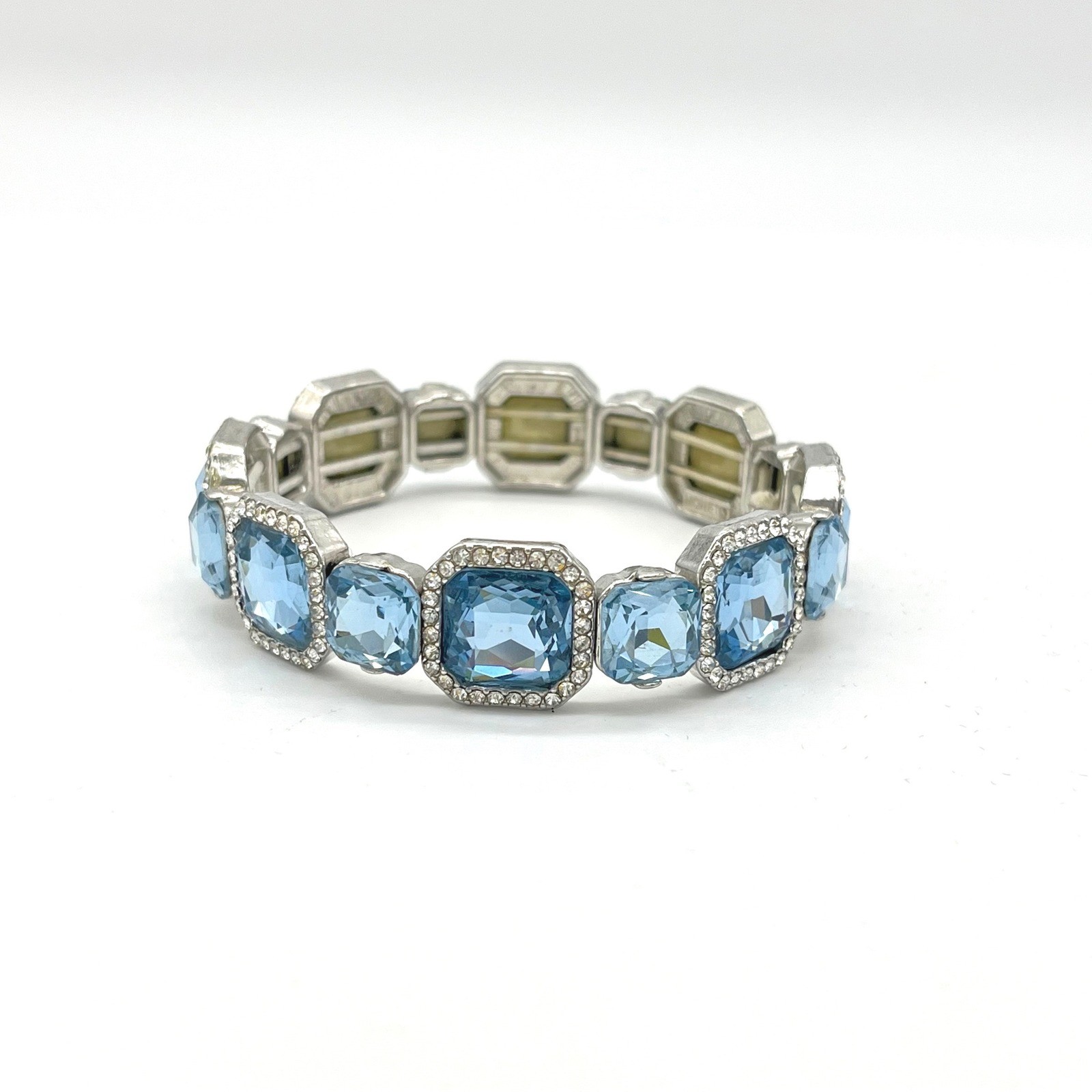 Monet Blue Crystal Stretch Bracelet Silver Tone Emerald Cut Pave Halo 7 Inch gallery