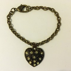 Heart Charm Bracelet Green Rhinestone Metal Link Chain Antique Bronze