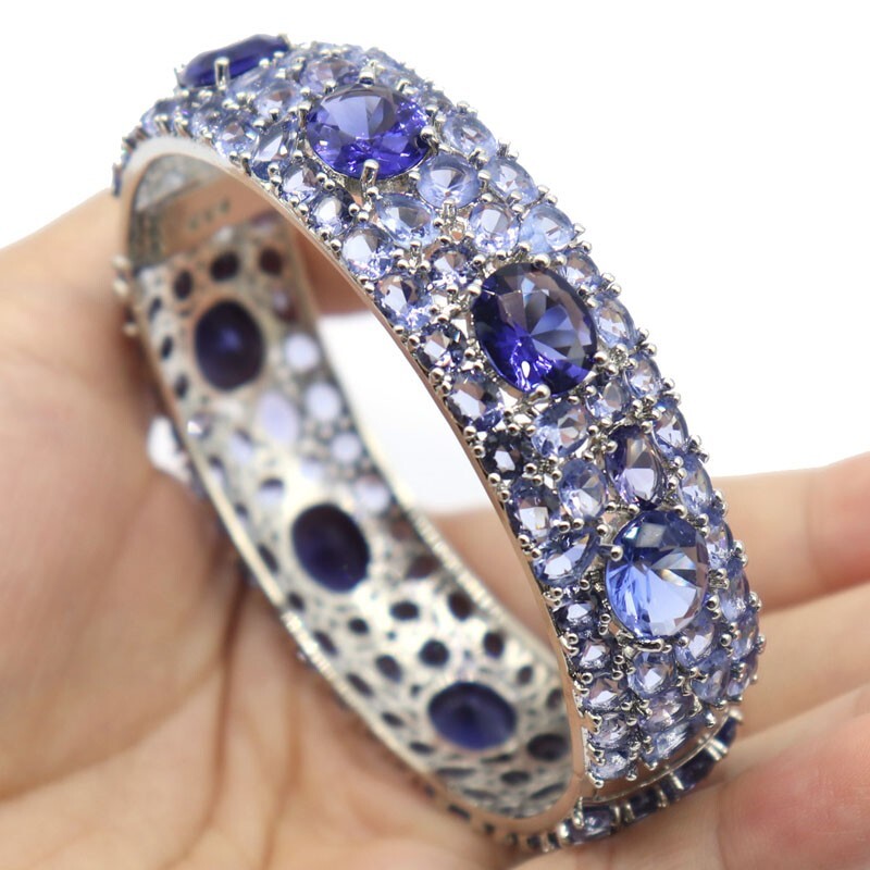 SheCrown 43g New Stone Iolite Women Dating Silver Bangle Bracelet 7.5" gallery