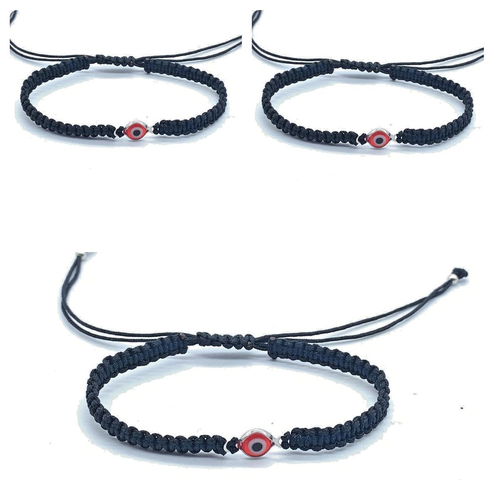 Black Cord Macrame Bracelet Adjustable red Crystal Evil Eye Fashion Pack x 3