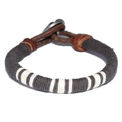 Dark Brown Threaded Sailor Nautical Button Leather Bracelet