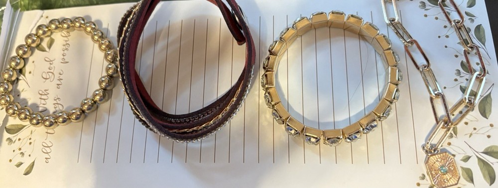 Gold, Brown & Silver Beaded, Leather & Metal Bracelet Lot with Dangle Charms