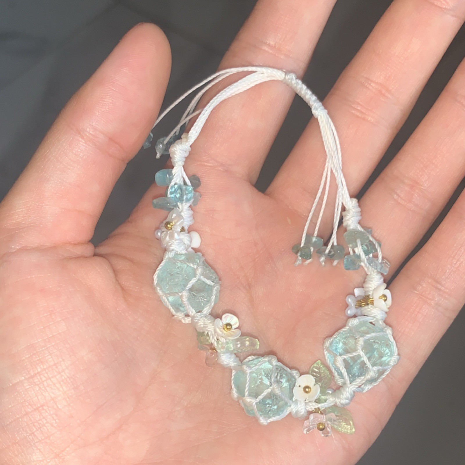 Blue Glass Round Beaded Bracelet Adjustable Drawstring White Cord gallery