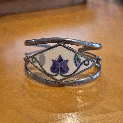 Alpaca Mexico Floral Flower Stone Inlay Silver tone Cuff Bangle Bracelet ~Vtg gallery
