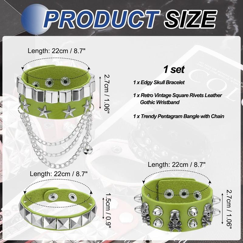 3Pcs Grass Green Rock Punk Studded Bracelet Set 22cm Bracelets for Party gallery
