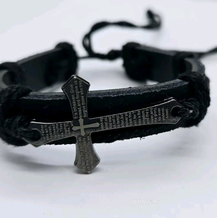 Lords Prayer Inspirational Bracelet Leather and Metal with cord Adjustable gallery