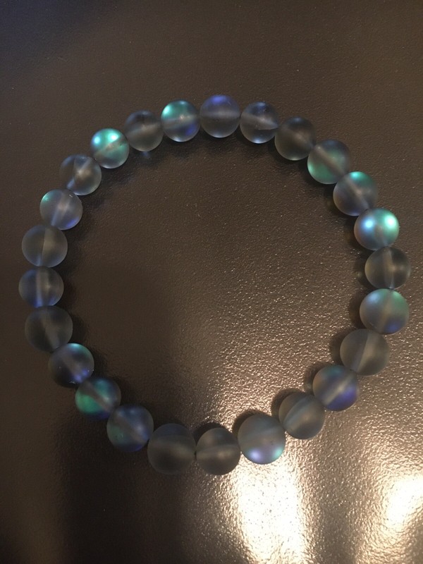 Women’s 7” Blue/Gray Moonstone Glowing Glass Aura Beaded Stretch Bracelet, Gift gallery