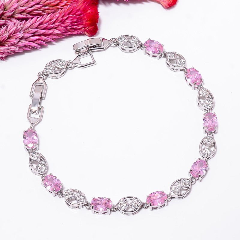 Pink Sapphire -Simulated, CZ 925 Sterling Silver Adjustable Bracelet 7-8" B2822 gallery