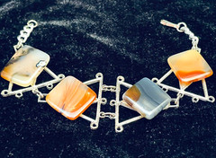 Polished Agate Rectangular Stones Bracelet Silver Tone Metal 7.5″ Long Boho