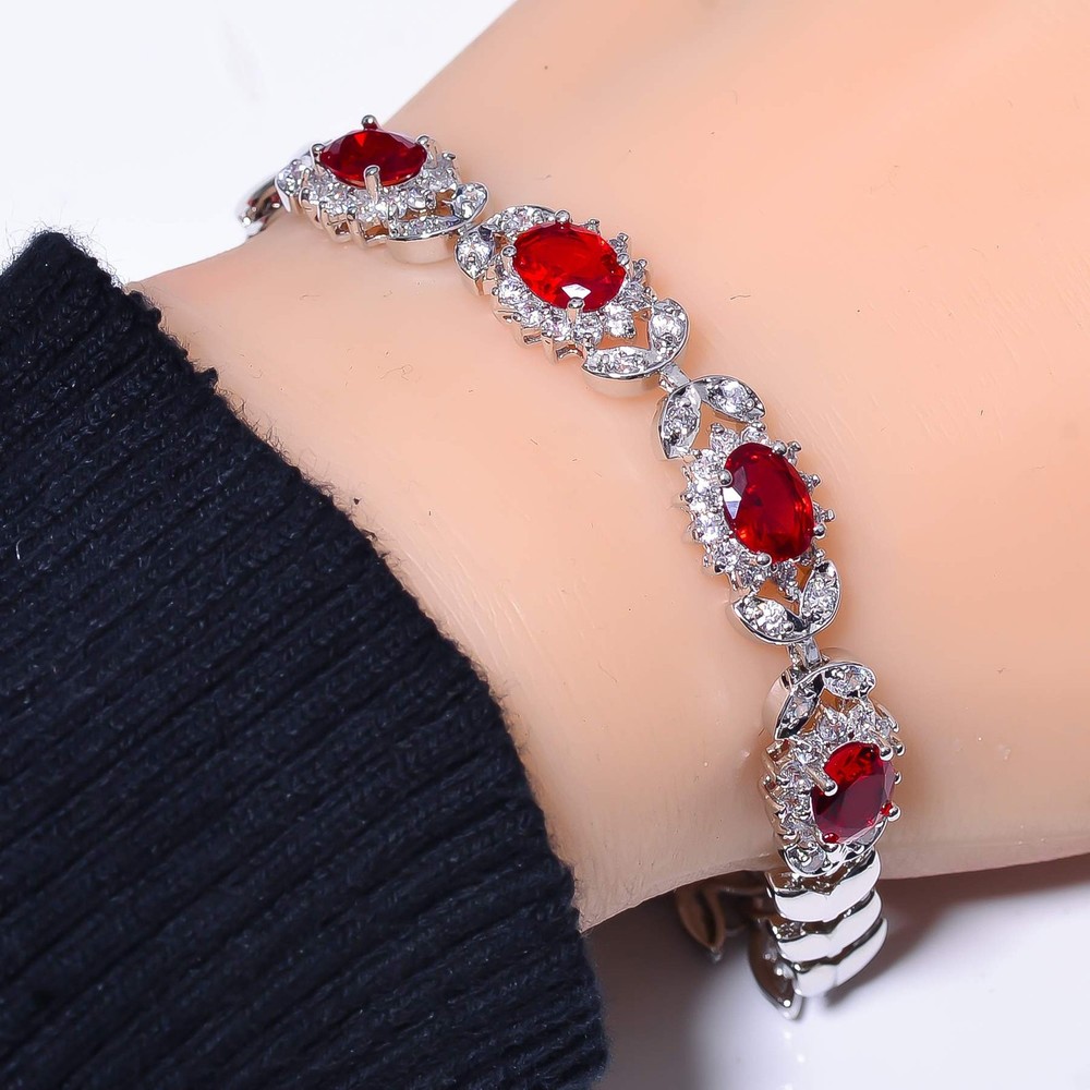 Red Garnet & Cubic Zirconia 925 Sterling Silver Tennis Bracelet 7.99" B73124
