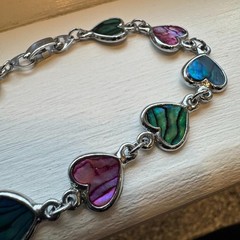 SJ silver toned metal Heart Link BRACELET abalone inset? estate jewelry signed