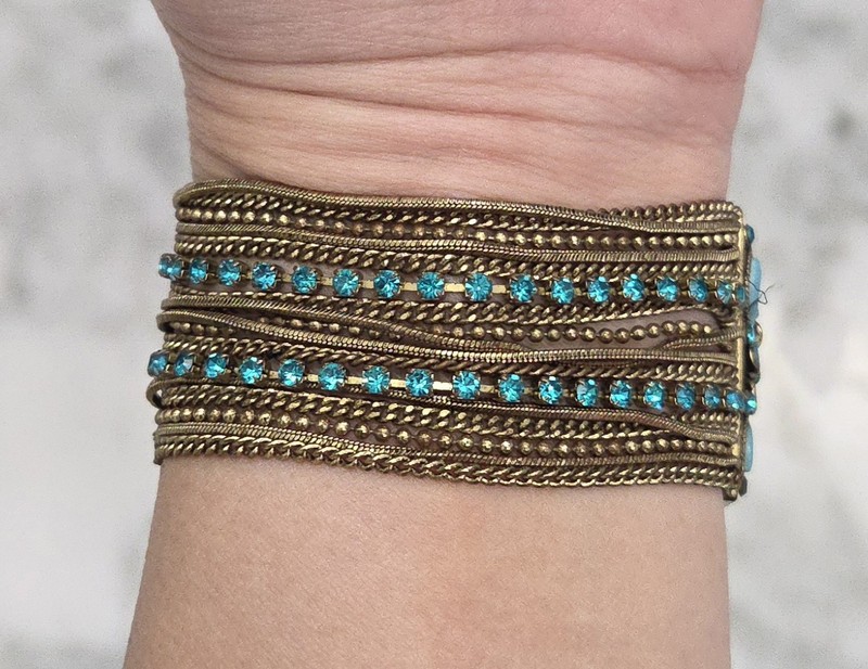Artisan Freshwater Pearl Multi Strand Cuff Bracelet Blue Rhinestone Boho gallery