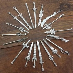 4 Large Sword Pendants Antiqued Silver Medieval Finding 2 Sided Focal 2″-4″