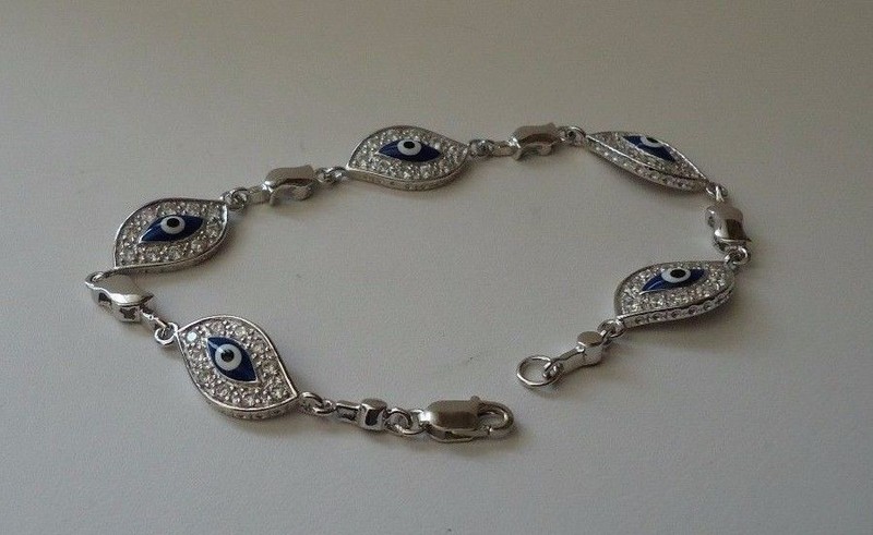 EVIL EYE 925 STERLING SILVER BRACELET W / 2 CT LAB CREATED DIAMONDS / 7 '' gallery