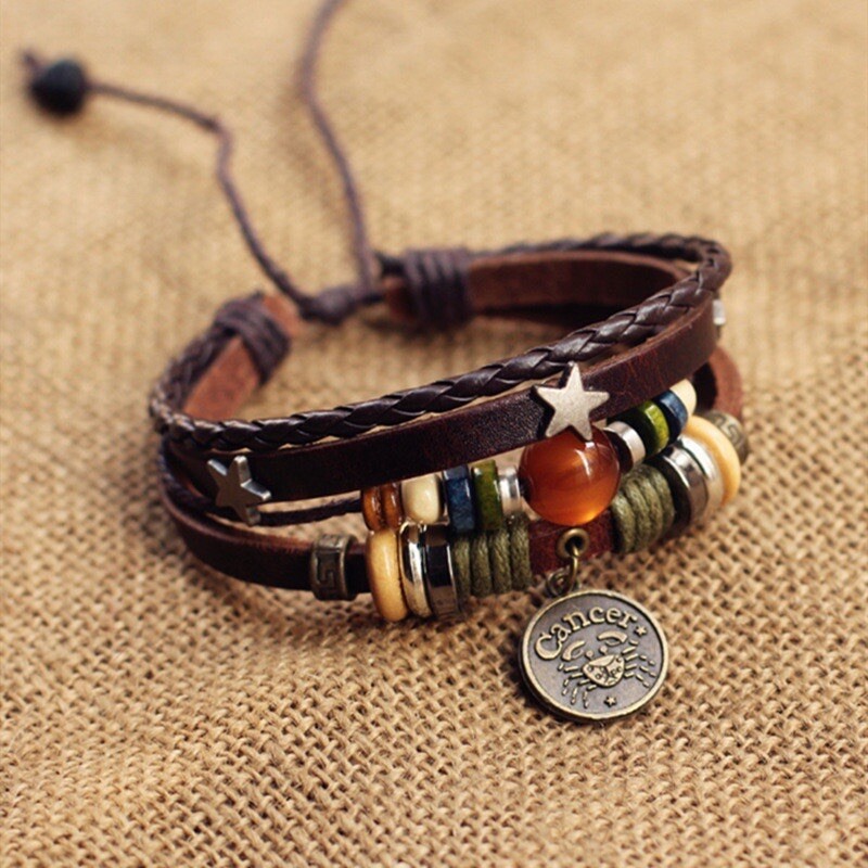 BOHO CANCER Leather 4 Layer Wood Metal Glass bread Bracelet Adjustable Unisex gallery