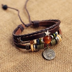 BOHO CANCER Leather 4 Layer Wood Metal Glass bread Bracelet Adjustable Unisex