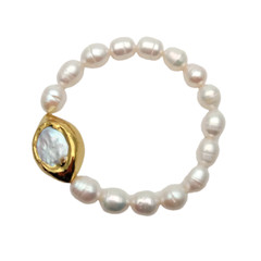 Natural Cultured White Rice Pearl Keshi Pearl Gold Plated Elastic Bracelet