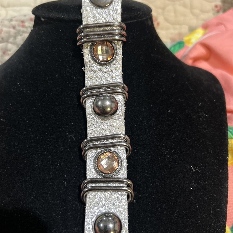 King Star Snap Button Leather Bracelet Silver Studded Rhinestone 8” gallery