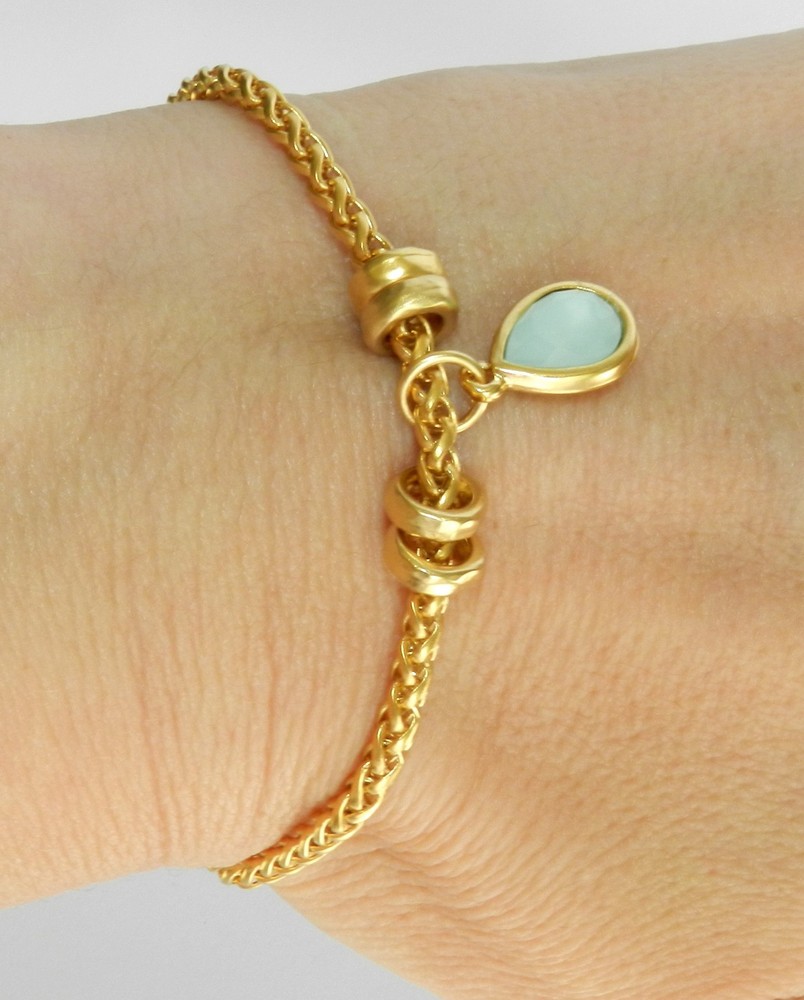 Designer Yellow Gold 24K Plated Women Chain Bracelet W Drop Crystal Pendant