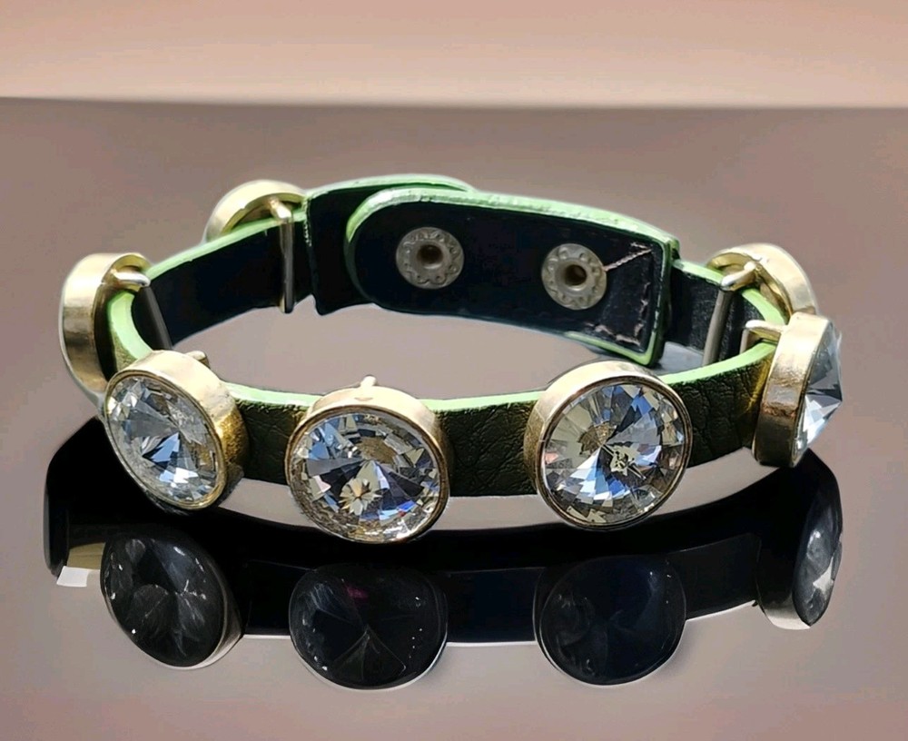 STAR King Green Bracelet Band With Clear Sparkly Gems Set In Gold Tone Bezels