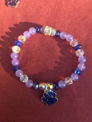 U.V. Purple Blue Silver Crystal Beaded Stretch Bracelet Paw Print Dangle Charm