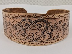Tibetan Copper Cuff Bracelet. Hand Carved Etched Auspicious Conch Shell Design.