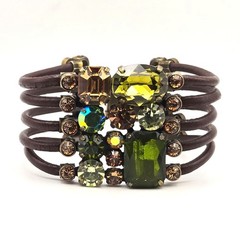 Crystal Leather Multistrand Cuff Bracelet Green Brown Brass Tone Floral Clasp
