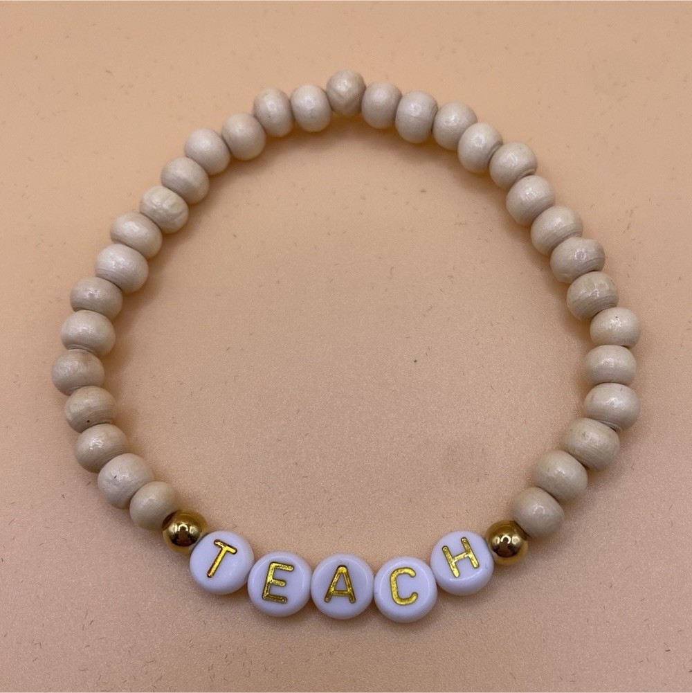 TEACH Teacher Theme Stretch Beaded Charm Bracelet Acrylic Wood Beige White Gold gallery