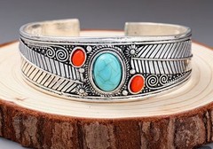 Boho Silvertone Vintage Turquoise Tibetan Tibet Bracelet Bangle Cuff Jewelry