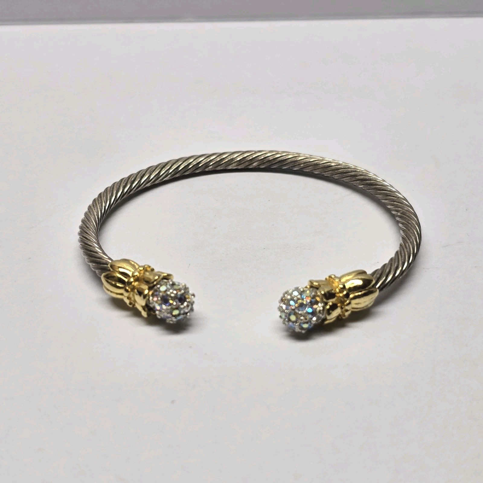 Silver Tone Twist White Rainbow Rhinestone End Open Cuff Bracelet gallery
