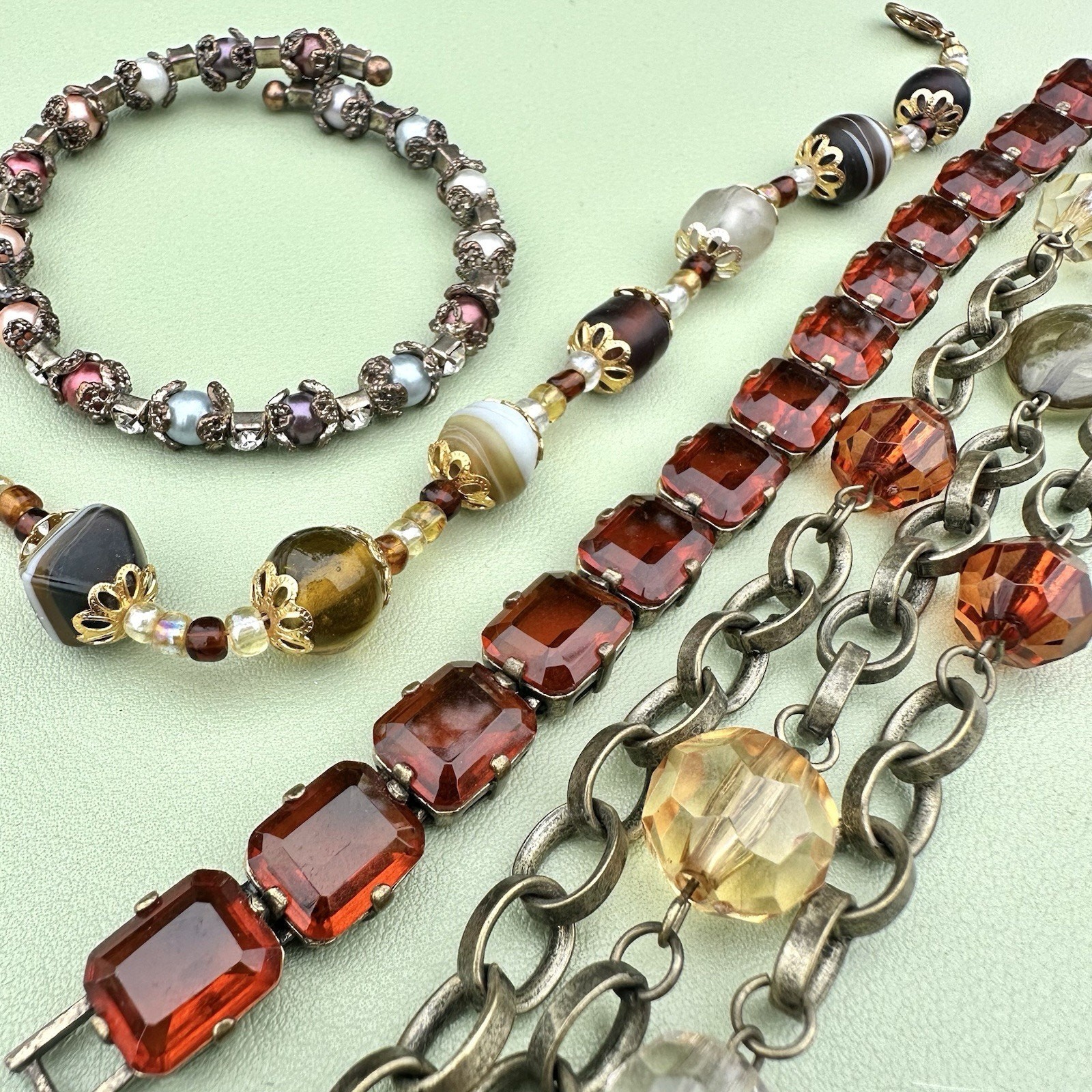 Chunky Chain Bracelet Stack Amber Glass Rhinestone Brass Tone J Crew Autumn Hue gallery