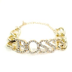 B0001 Simple Gold Color Thick Chain Clear Rhinestones Letter Word BOSS Bracelet