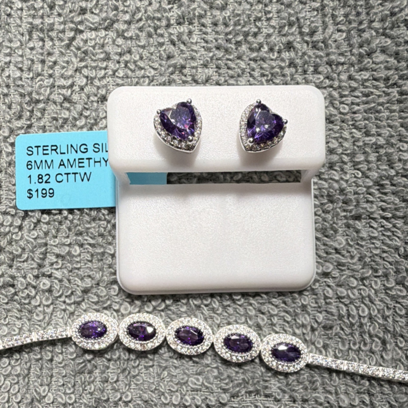 925 Sterling Silver Amethyst Halo Tennis Bracelet 8in Box Clasp 5 Stones gallery