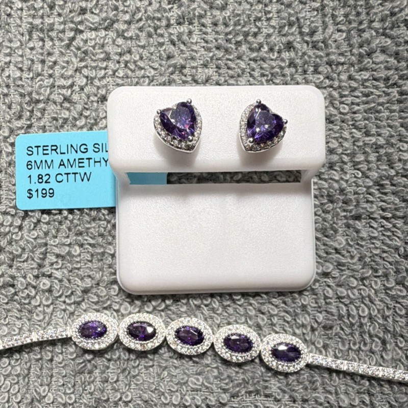 925 Sterling Silver Amethyst Halo Tennis Bracelet 8in Box Clasp 5 Stones gallery