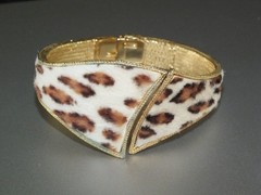 Vintage BSK faux fur ? curved BRACELET CUFF BANGLE gold WHITE BROWN BLACK SPOTS