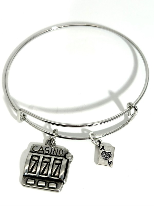 Casino 777 Slot Machine & Ace of Spades Card Gambling Silver Charm Bracelet gallery