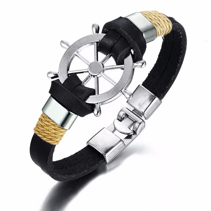 Mens Nautical Rope Bracelet Anchor Helm Retro Black Brown Leather Style Jewelry