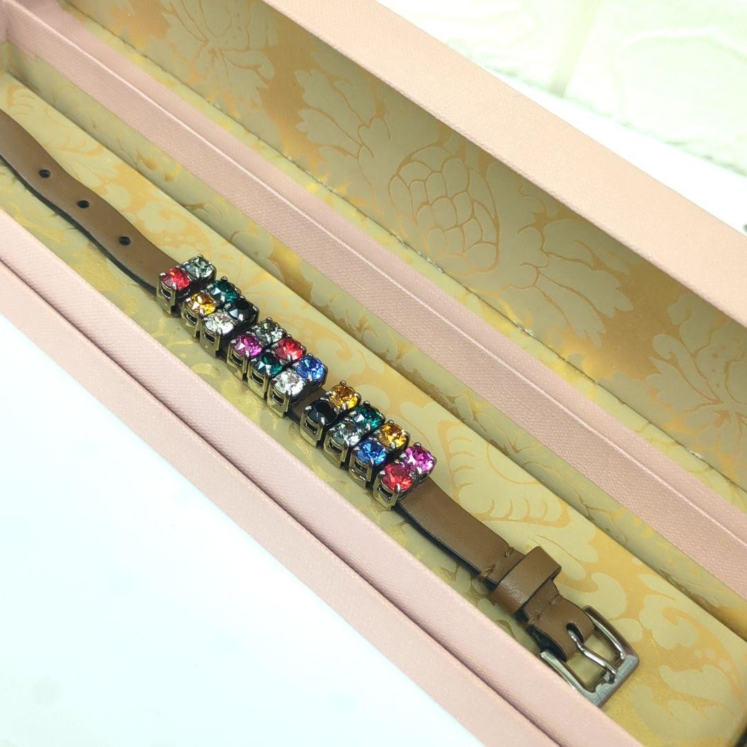 Miu Miu Crystal Rhinestone Leather Bracelet Brown Size S 8.5in Length with Box gallery