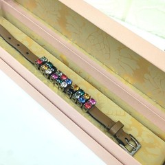 Miu Miu Crystal Rhinestone Leather Bracelet Brown Size S 8.5in Length with Box